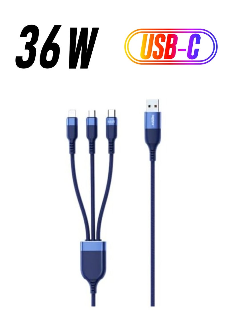 ريماكس كابل بيانات مينا 6A 3 في 1 شحن سريع، مادة سبائك الألومنيوم المتوافقة بالكامل، متوافق تمامًا مع مقاومة الانحناء، عالمي لجميع الهواتف المحمولة، الطول 1.2 متر، أزرق - Image 1