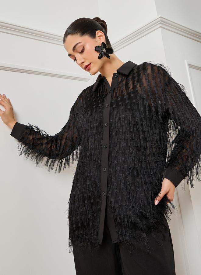 Styli Women Black Fringe Detail Buttoned Shirt - Image 3