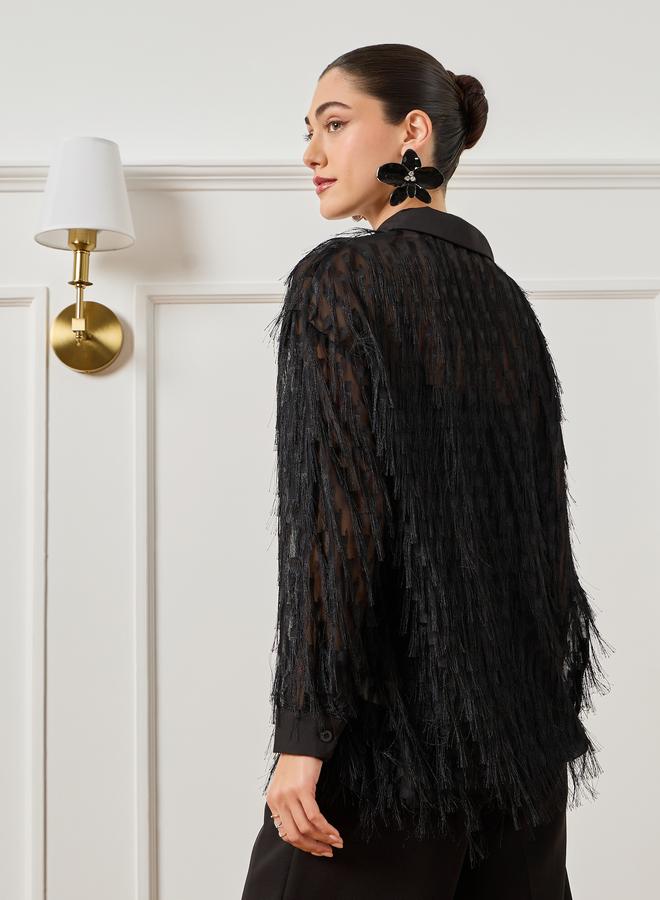 Styli Women Black Fringe Detail Buttoned Shirt - Image 5