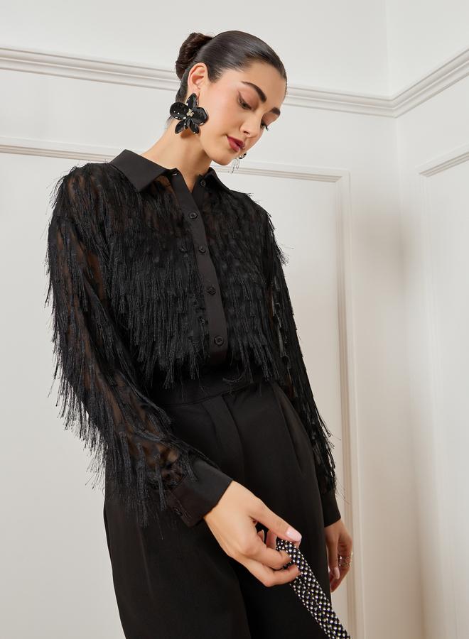 Styli Women Black Fringe Detail Buttoned Shirt - Image 1