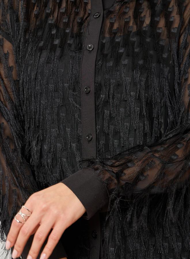 Styli Women Black Fringe Detail Buttoned Shirt - Image 4