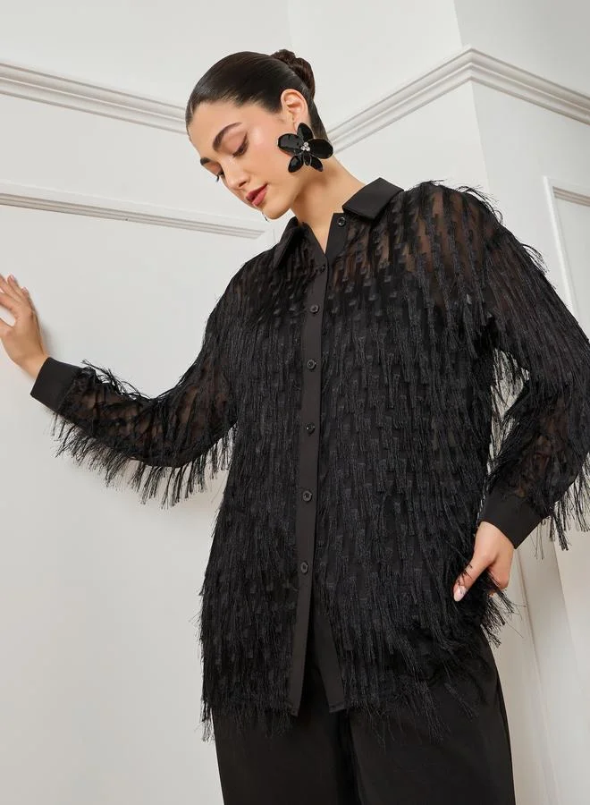 ستايلي Women Black Fringe Detail Buttoned Shirt