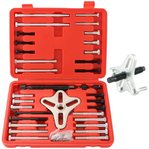 DASBET 46PCS Harmonic Balancer Puller Set, Steering Wheel Puller Kit Steering Wheel Flywheel Crankshaft Pulley Puller Crankshaft Pulleys and Gears for Most Cars, Pickups, SUVs (Red) - Image 1