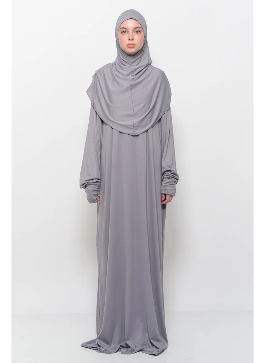 التوبة Practical One Piece Cotton Bat Sleeves Removable Organic Hijab Prayer Dress with Headscarf - Gray