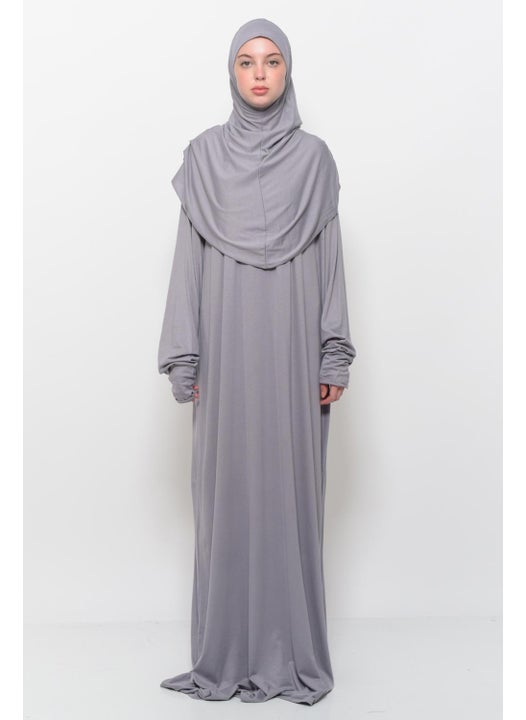 Practical One Piece Cotton Bat Sleeves Removable Organic Hijab Prayer Dress with Headscarf - Gray