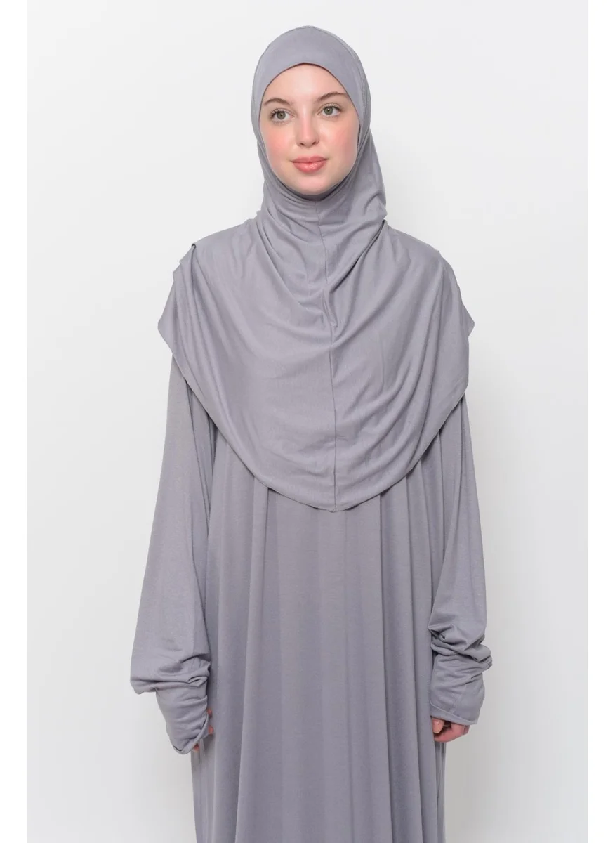 التوبة Practical One Piece Cotton Bat Sleeves Removable Organic Hijab Prayer Dress with Headscarf - Gray