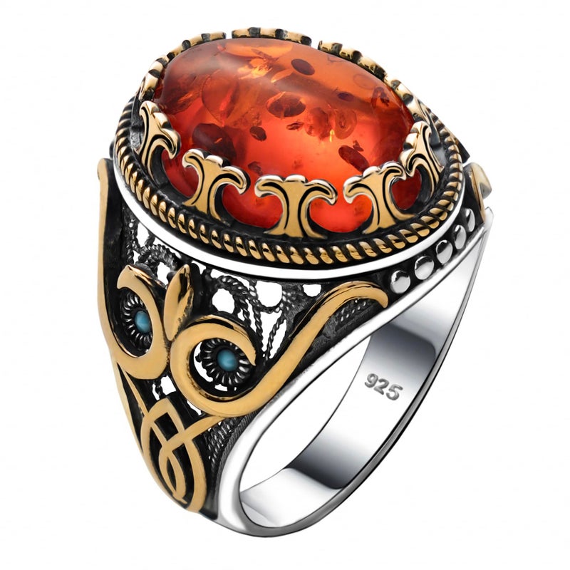 Genuine Solid 925 Sterling Silver Ring for Men Accented with Bronze Simulated Amber Stone Authentic Vintage Turkish Ottoman Style Simulated Amber 8