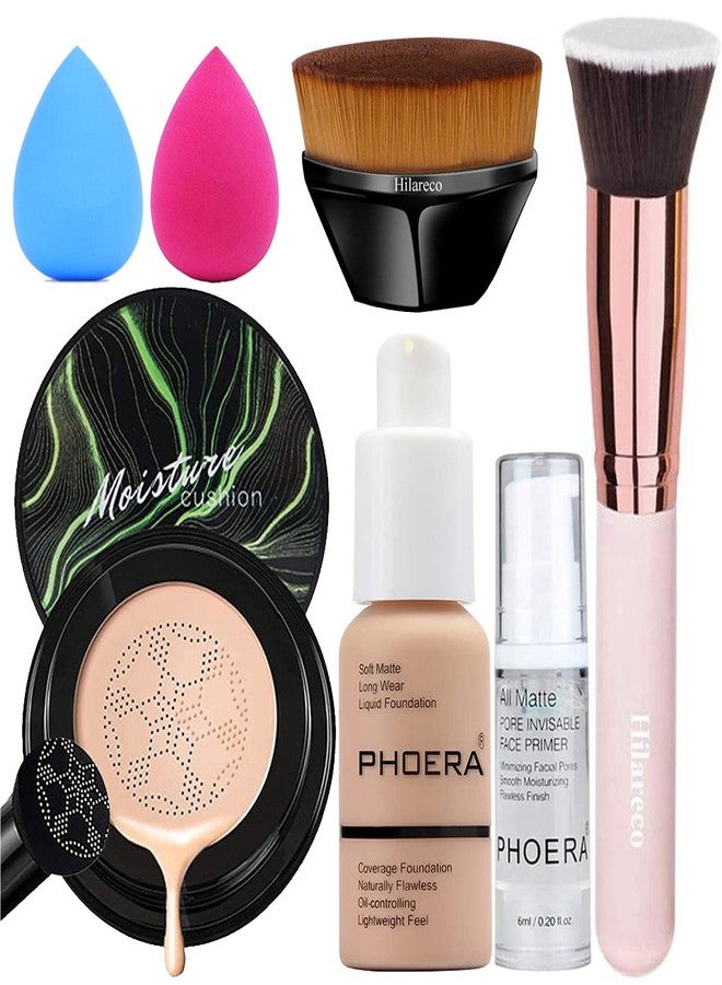 Hilareco PHOERA Foundation,Mushroom Head Air Cushion CC Cream Natural Foundation,PHOERA Makeup Foundation Full Coverage,Phoera Face Primer, Foundation Brush (103 Warm peach + 03 Warm Nude CC) - Image 1