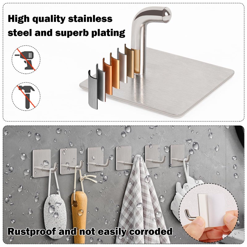Livabber Adhesive Towel Hooks, 304 Stainless Steel Self Sticky Wall Hooks Waterproof Shower Hooks for Robe/Clothes, No Drilling Towel Hangers for Bathroom Kitchen Bedroom (Brushed Nickel, 6 Packs) - Image 3