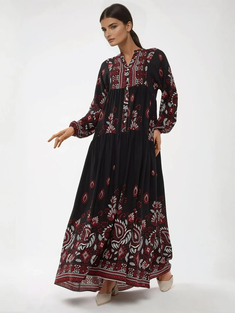 HICCUP Printed Long Sleeve Viscose Maxi Dress