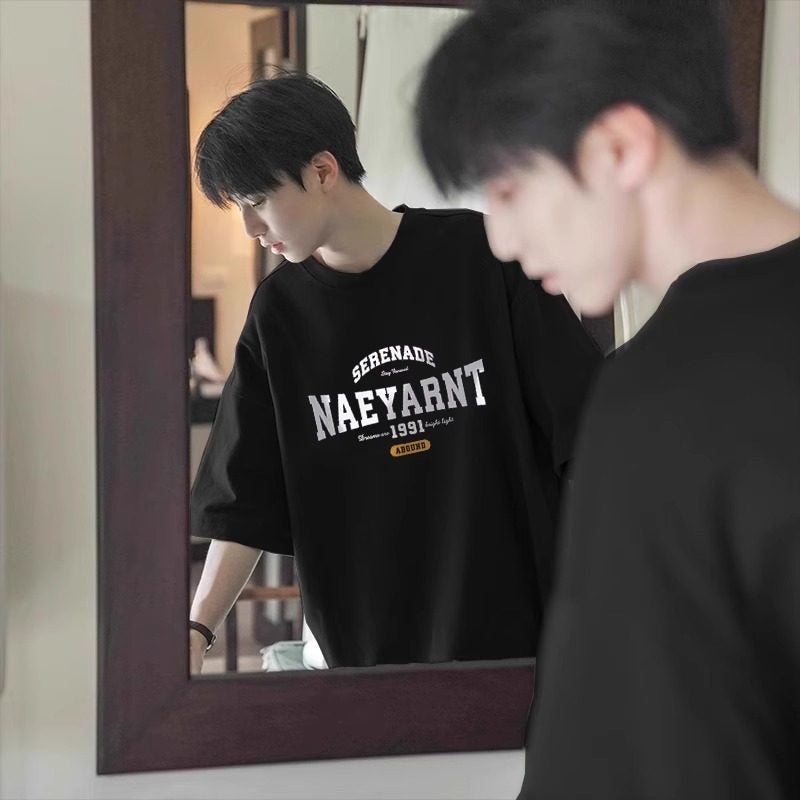 100% pure cotton short-sleeved T-shirt for men's summer American retro heavyweight small collar half-sleeved oversized five-minute sleeves - Image 3
