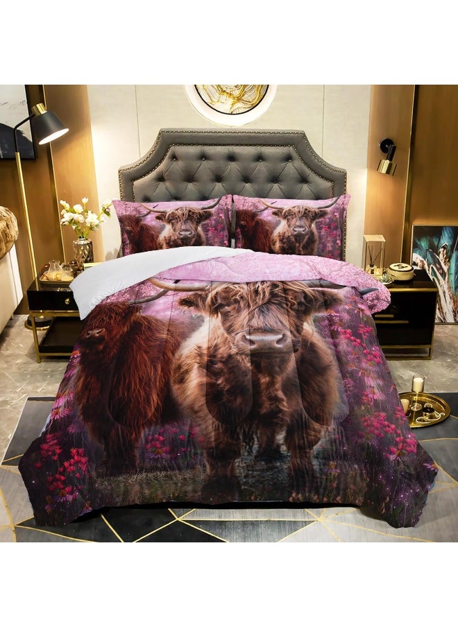 Generic XYNHML Cow Print Comforter Set Twin Size Cherry Blossoms Cow Bedding Set Farmhouse Animals Quilt Bed Set with 1 Comforter and 2 Pillowcases  - Image 1
