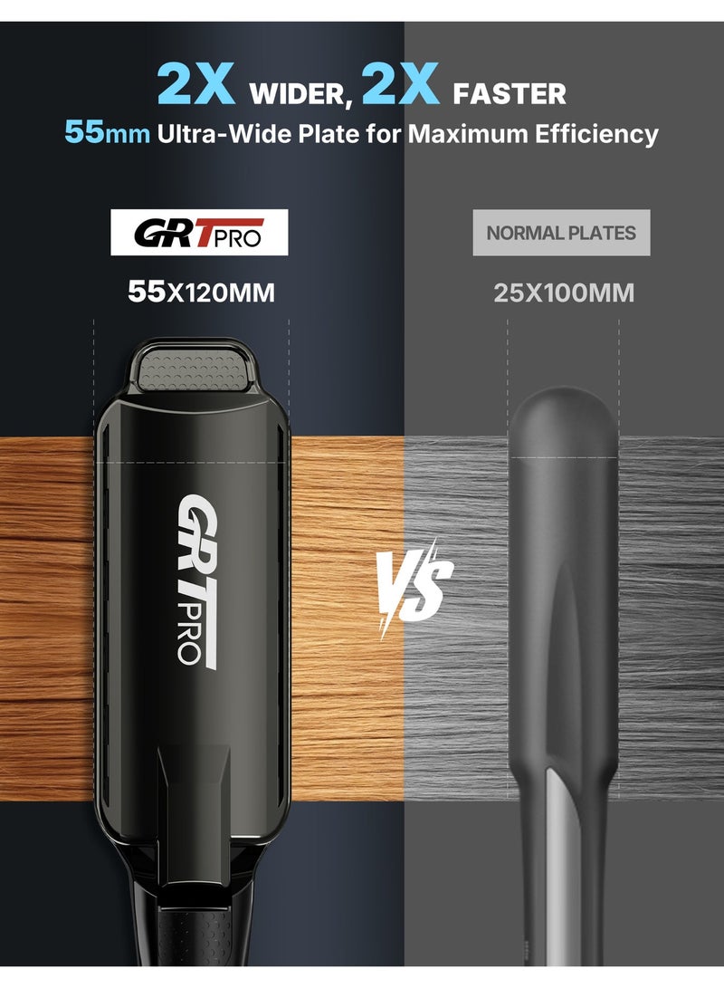 GRT PRO Professional Wide Hair Straightener & Styler Wide Plate 55mm Quick Easy Styling, Floating Plates Ionic Anti-Frizz Ceramic Coating 30s Rapid Heating, Digital Display 19 Settings 50°C~230°C Thick Hairs - Image 2