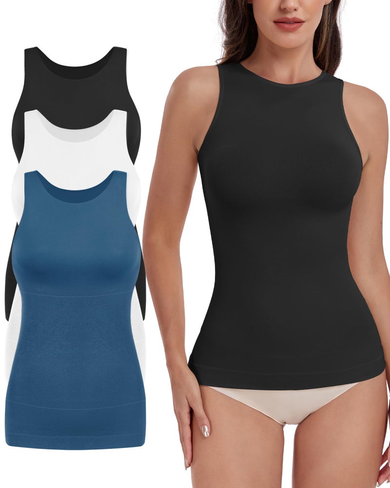 EUYZOU Women 3PK Shapewear Tummy Control Tank Tops Seamless Compression Tops Body Shaper Camisole, Black/White/Blue L - Image 1