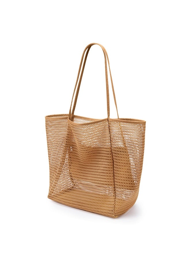 حقيبة الشاطئ الشبكة للنساء حقائب الكتف ذات القدرة الكبيرة حقيبة حمام السباحة للشاطئ حمامات السباحة السفر التسوق نزهة (بنية) - Image 1