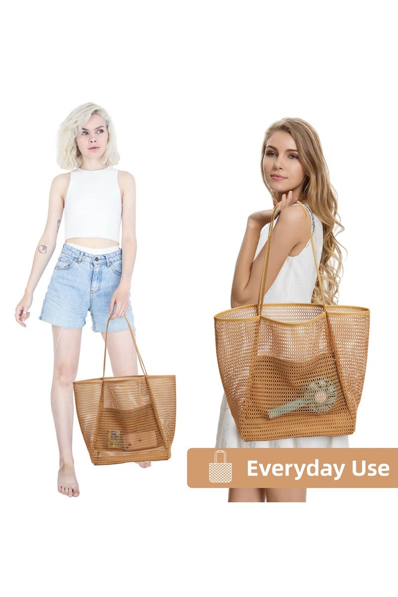 حقيبة الشاطئ الشبكة للنساء حقائب الكتف ذات القدرة الكبيرة حقيبة حمام السباحة للشاطئ حمامات السباحة السفر التسوق نزهة (بنية) - Image 2