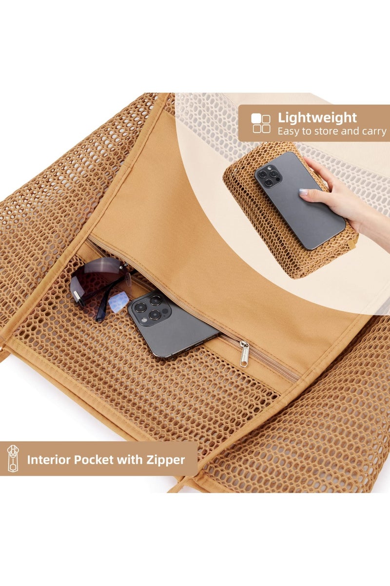 حقيبة الشاطئ الشبكة للنساء حقائب الكتف ذات القدرة الكبيرة حقيبة حمام السباحة للشاطئ حمامات السباحة السفر التسوق نزهة (بنية) - Image 5