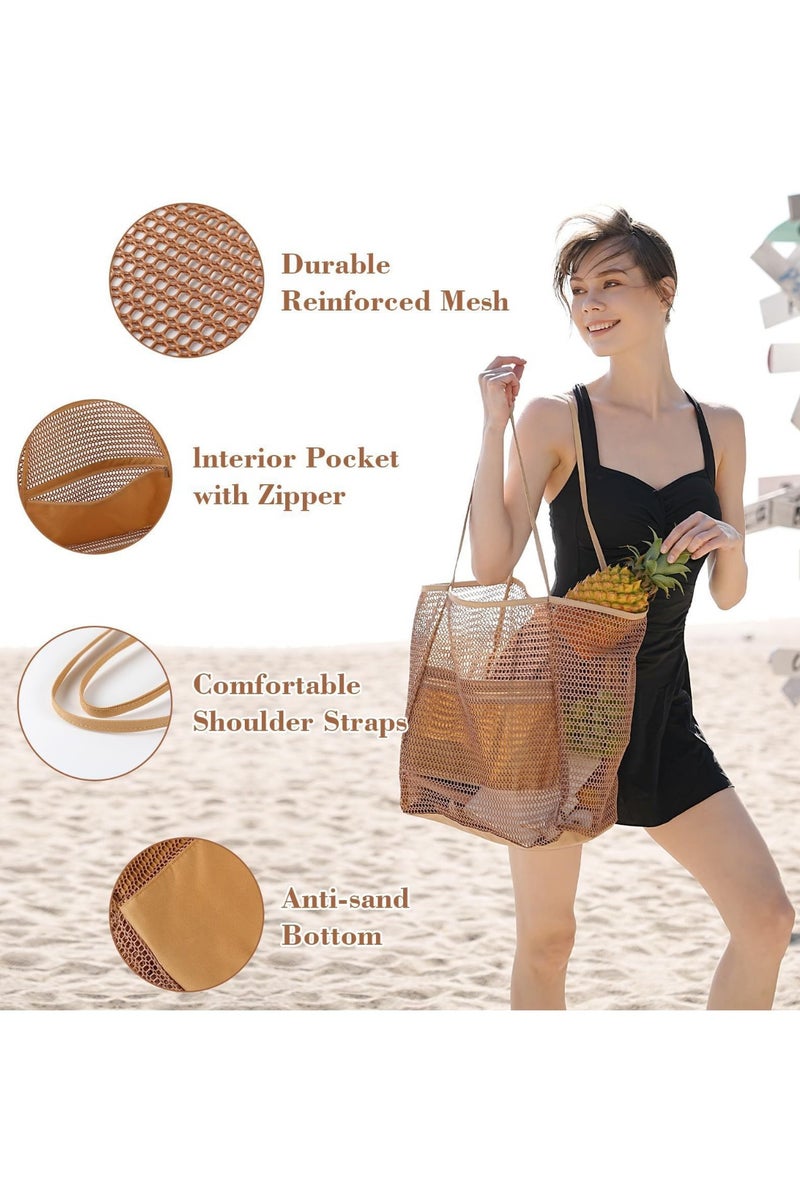 حقيبة الشاطئ الشبكة للنساء حقائب الكتف ذات القدرة الكبيرة حقيبة حمام السباحة للشاطئ حمامات السباحة السفر التسوق نزهة (بنية) - Image 4
