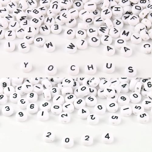 Yochus 1000pcs White Mixed Round Acrylic Letter Beads 4x7mm Black Alphabet Number Beads for Jewelry Making and DIY Bracelets - Image 1