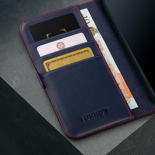 TORRO Premium Leather Case Compatible with iPhone 16 Pro Max 6.9" – Genuine Leather Wallet Flip Folio Case with Kickstand and Card Slots (Compatible with Official MagSafe Chargers) - Navy Blue - Image 4