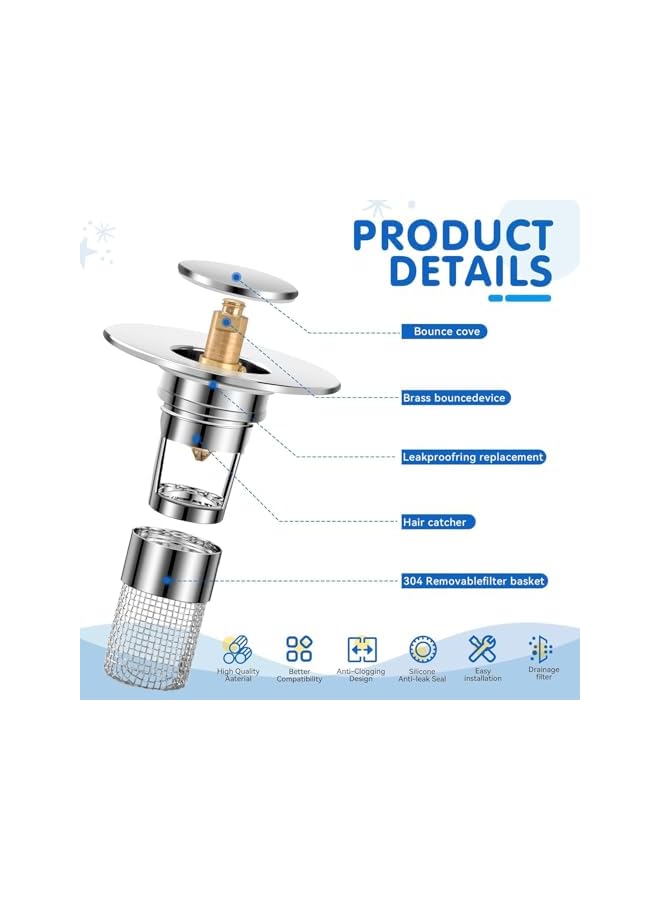 The Bros 2Pcs Bathroom Sink Drain Strainer, Pop Up Sink Drain Filter,Removable Stainless Steel Filter Basket Hair Catcher Universal Bathtub Sink Drain,Bathroom Sink Stopper Replacement - Image 2