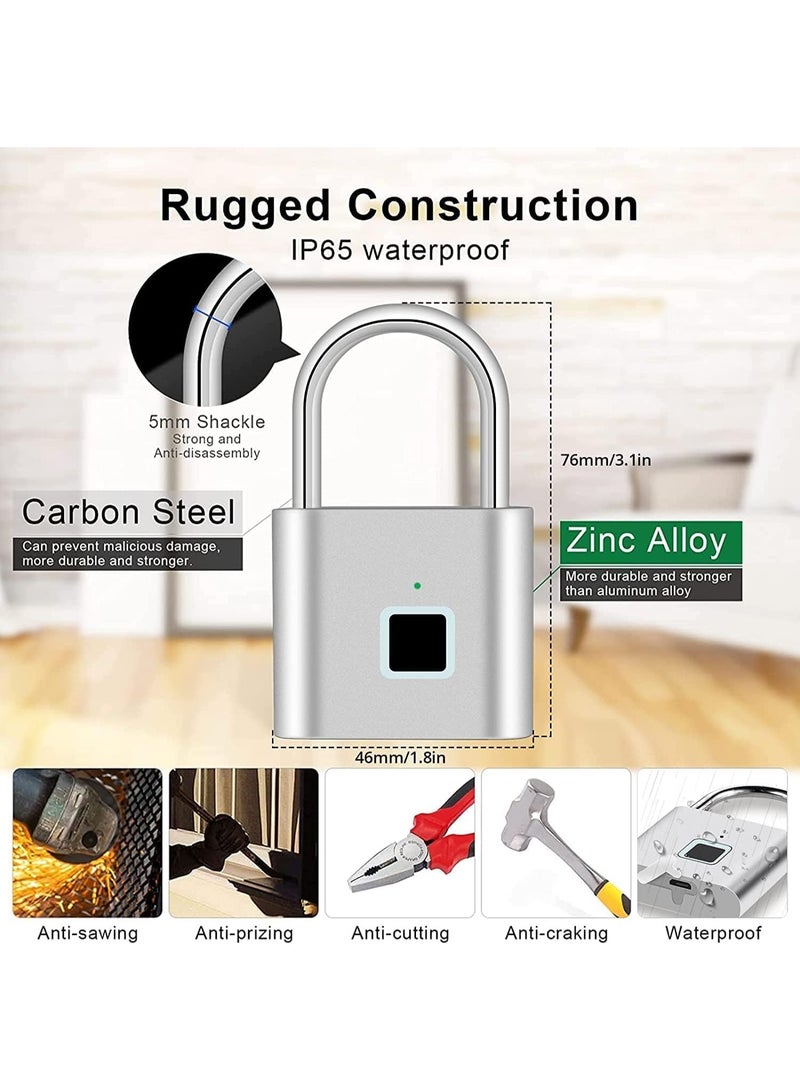 Relex Fingerprint Padlock, Locker Lock, Keyless Biometric Padlock Fingerprint Lock Combination Gate Locks for Outdoor Storage Gym Lock USB Rechargeable, Silver - Image 3