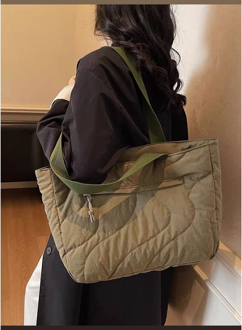 Quilted Wave Tote Bag Large Capacity Canvas Shoulder Bag Aesthetic Daily Commuter Tote Stylish Shopping Bag - Image 1