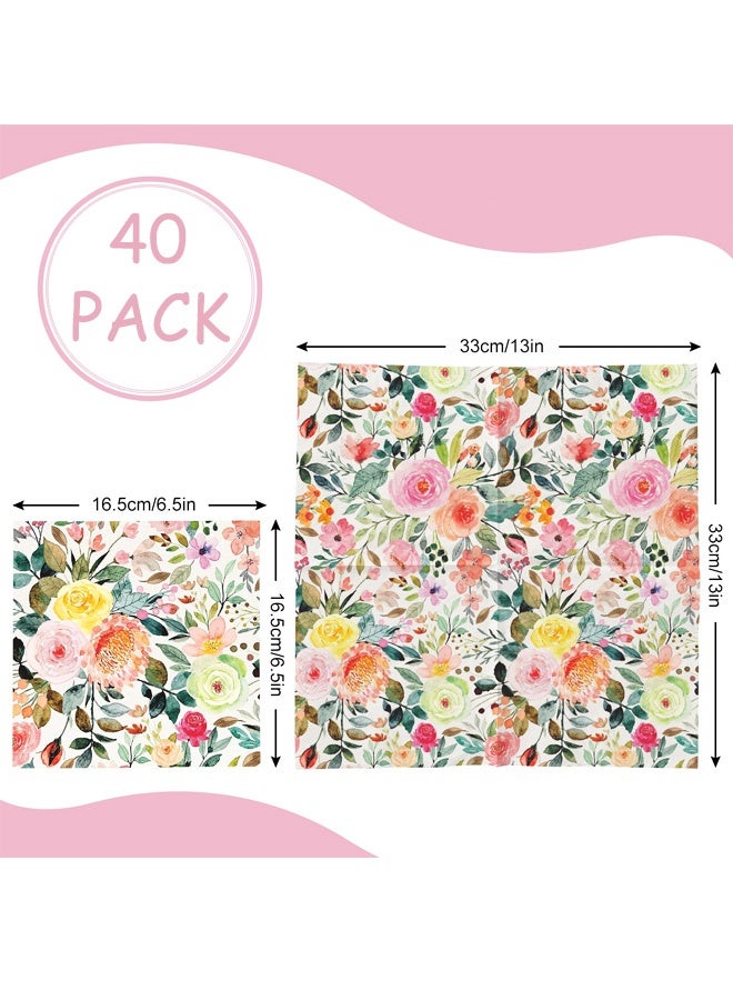 40Pcs Floral Paper Napkin Spring Rose Flower Disposable Luncheon Napkin Dessert Dinner Hand Napkin for Wedding Baby Shower, 6.5 x 6.5 Inch - Image 2