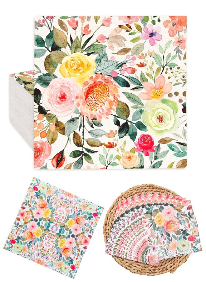 40Pcs Floral Paper Napkin Spring Rose Flower Disposable Luncheon Napkin Dessert Dinner Hand Napkin for Wedding Baby Shower, 6.5 x 6.5 Inch - Image 1