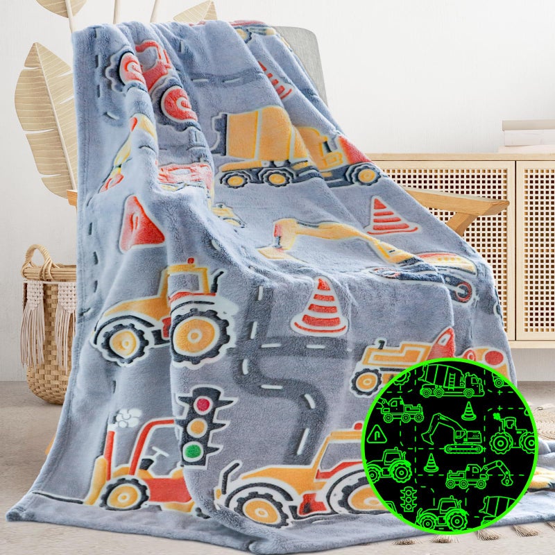 Glow in The Dark Blanket Boys Gifts for Kids Fuzzy Cozy Warm Soft Fleece Glowing Tractor Blankets for Bed Sofa Couch Unique Gifts Construction Truck Throw Blanket for Boys Teens 5060