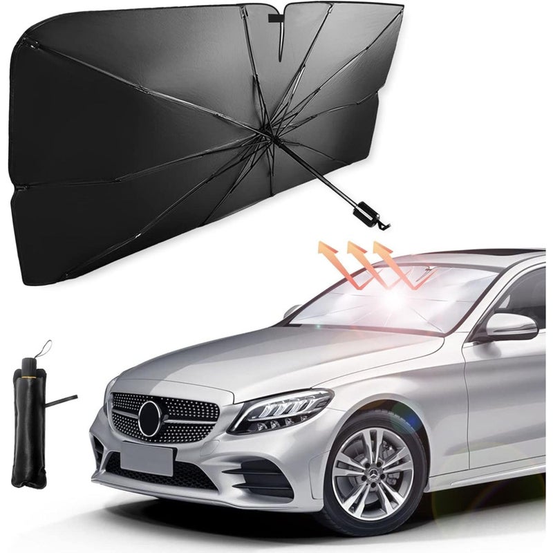 Sandoir Car Windshield Sun Shade Umbrella  UV Protection Foldable Sunshade  140x80 cm Sun Visor Cover with Leather Storage Pocket  HeatBlocking and Easy to Use  Keeps Car Interior Cool