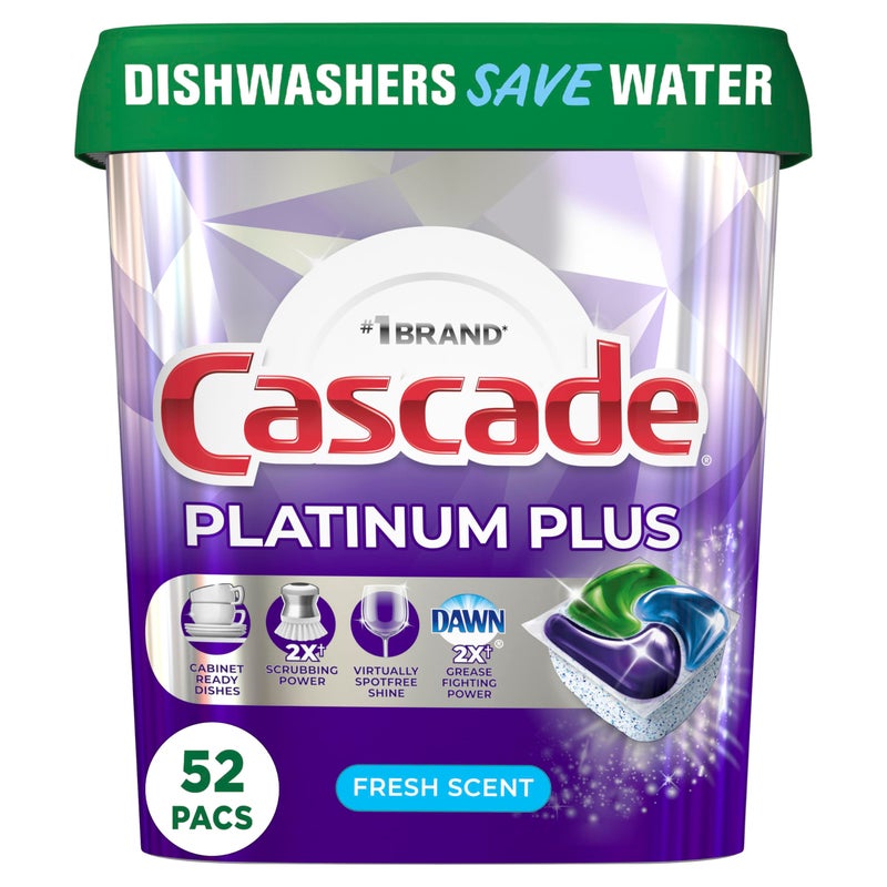 Cascade كاسكيد بلاتينوم بلس كبسولات غسالة الصحون، أكشن باكس منظف الصحون، منظف غسالة الصحون، فريش، 52 عدد - Image 1
