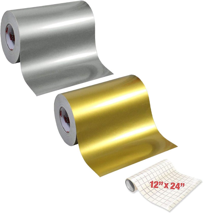 651 2 Color Combo Pack Adhesive Craft Vinyl 12 Inches x 24 Inches Roll Bundle Including 12 Inch x 24 Inch VViViD Transfer Paper (Silver/Gold Metallic)