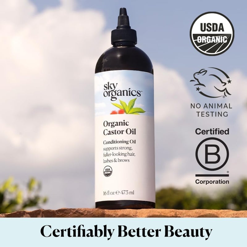 Sky Organics Sky Organics Organic Castor Oil, 100% Pure, Hexane Free, Cold-Pressed to Support Stronger, Fuller-Looking Hair, Eyelashes & Eyebrows,Good for Castor Packs, Navel Oiling, Carrier Oil Use, 16 fl oz - Image 2