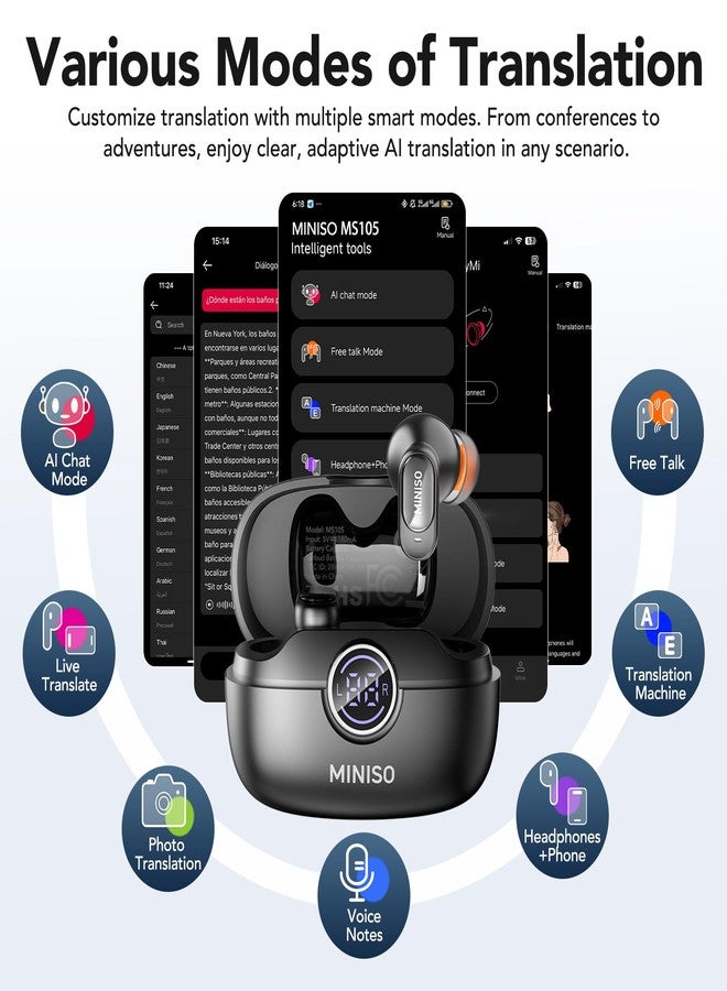 ميني سو سماعات أذن MINISO MS105 بتقنية الذكاء الاصطناعي للترجمة الفورية، تدعم 134 لغة عبر تطبيق، متوافقة مع نظامي iOS وAndroid، بتقنية بلوتوث 6.0، مثالية للسفر والأعمال. - Image 4