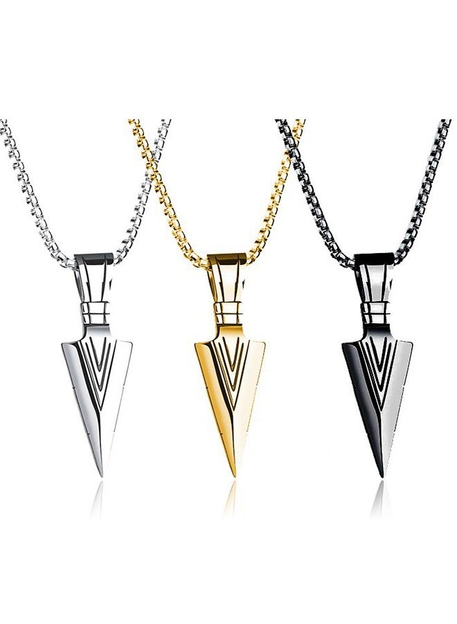 3 Piece Stainless Steel Hypoallergenic Triangle Pendant Necklace for Men Boys, Metal Cool Arrowhead Pendant Chain Necklaces Set (Silver/Gold/Black)  - Image 1