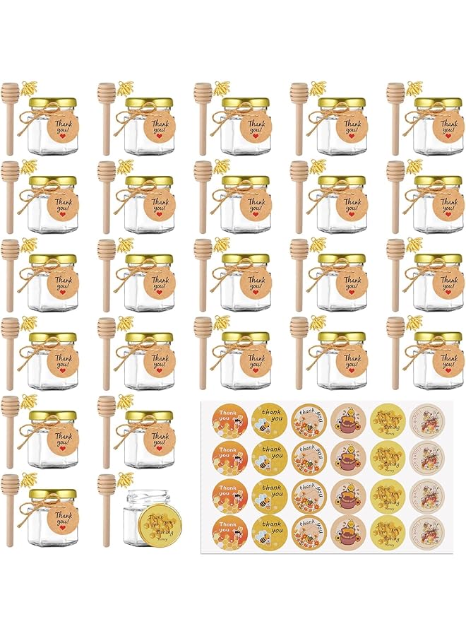 The Bros 24Pack 1.5oz Mini Hexagon Honey Jars with Wooden Dippers – Glass Honey Jars with Gold Lids, Tags, Stickers, Bee Pendants & 12m Twine – Perfect for Baby Showers, Wedding & Party Favors - Image 1