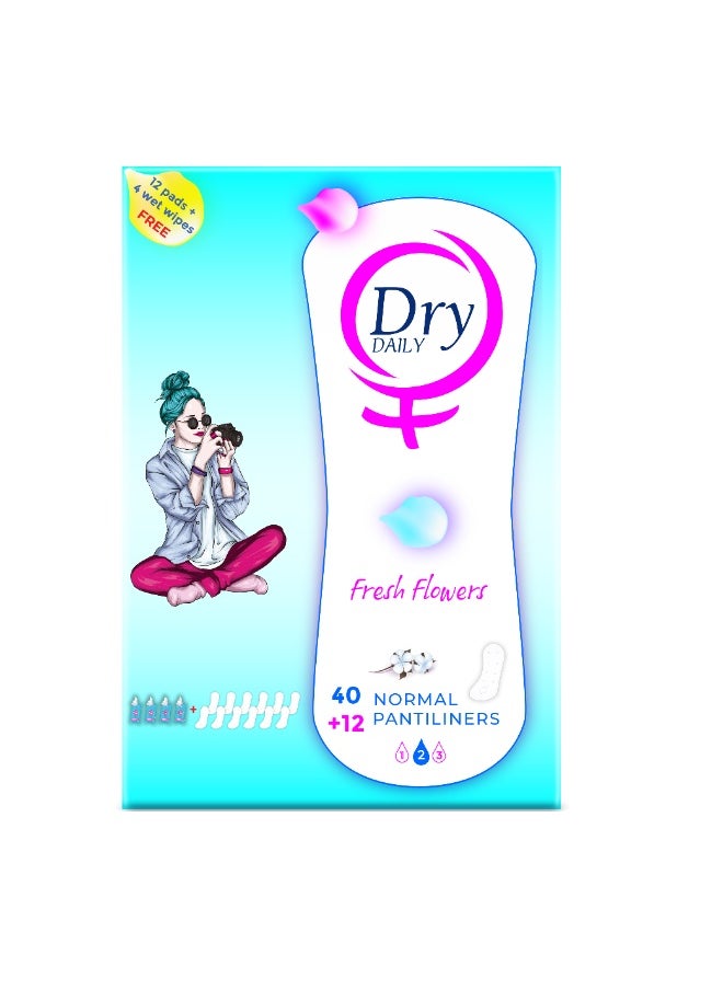 Dry Daily Fresh Flowers, Normal, 52 Pads+ 4 FREE Wipes  - Image 2