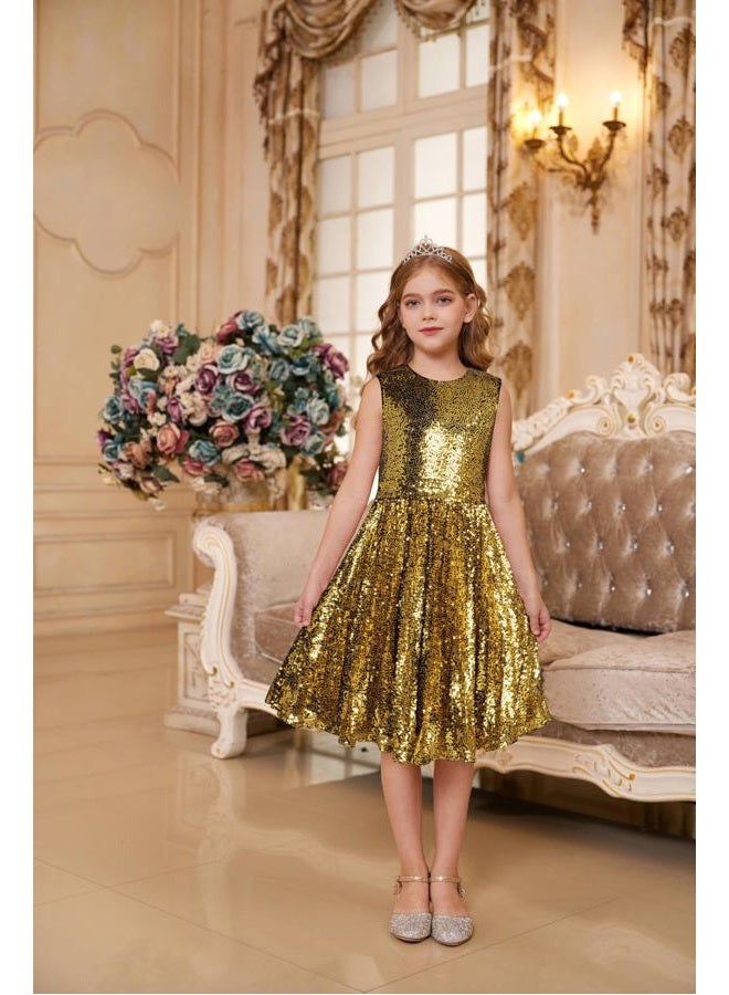 GRACE KARIN Girls Sequin Dress Sleeveless Prom Party Formal Graduations Fancy Tween Girls Dresses Size 5-12, Black Golden, 7-8 Years - Image 5