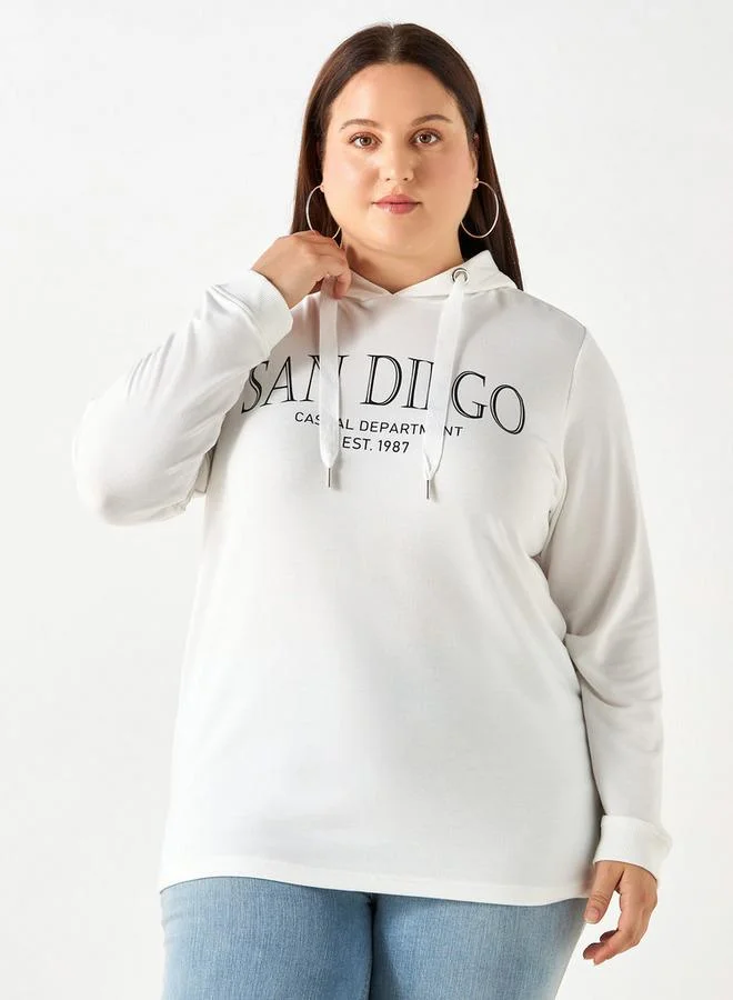 Ulla Popken Plus Size Ulla Popken Typographic Print Sweatshirt with Drawstring Closure