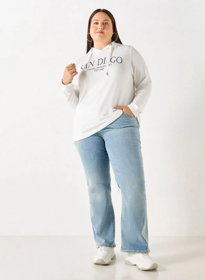 Ulla Popken Plus Size Ulla Popken Typographic Print Sweatshirt with Drawstring Closure