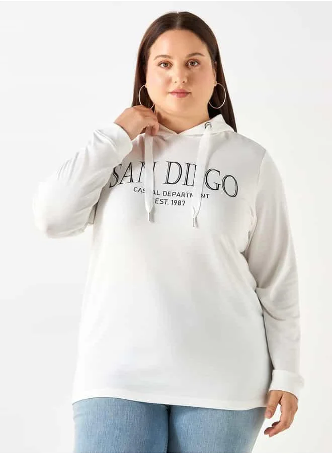 Ulla Popken Plus Size Ulla Popken Typographic Print Sweatshirt with Drawstring Closure