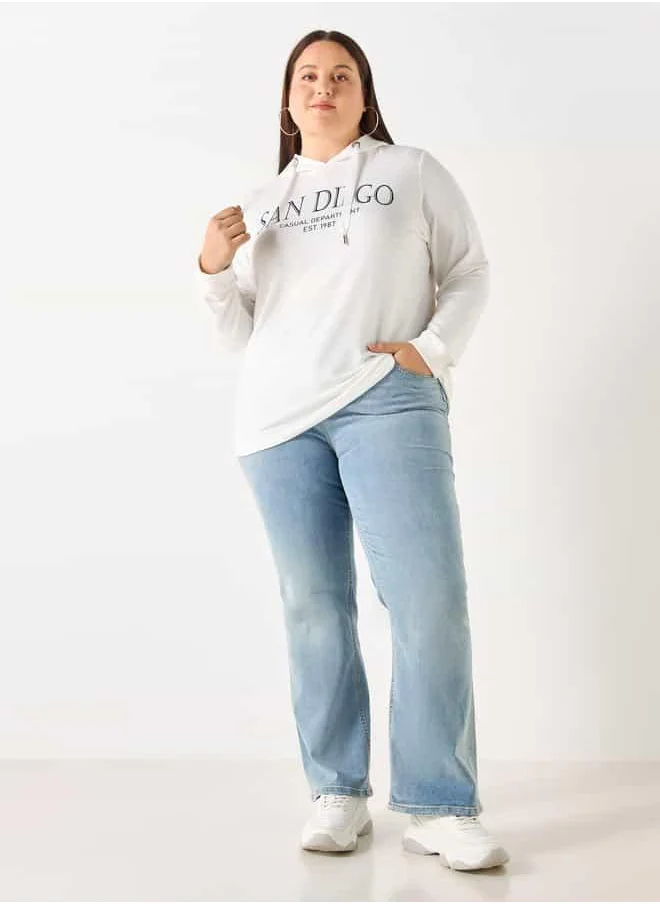 Ulla Popken Plus Size Ulla Popken Typographic Print Sweatshirt with Drawstring Closure