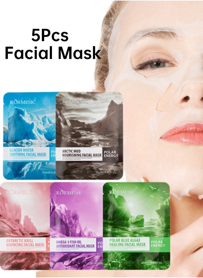 Kormesic 5Pcs Cleansing Whitening and Hydrating Mask Mask Beauty Moisturizing Hydrating Nourishing Deep Cleansing Pores Anti-aging Skin Care Mask Multi-pack Contains Glacier Water Mask Antarctic Krill Mask Fish Oil Mask Polar Blue Algae Mask Arctic Mud Mask  - Image 1