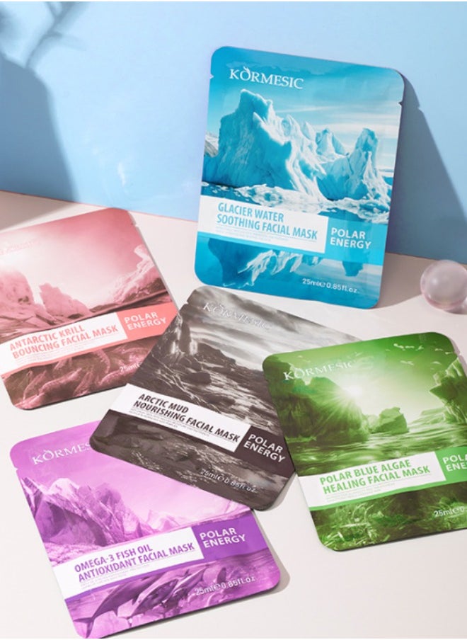 Kormesic 5Pcs Cleansing Whitening and Hydrating Mask Mask Beauty Moisturizing Hydrating Nourishing Deep Cleansing Pores Anti-aging Skin Care Mask Multi-pack Contains Glacier Water Mask Antarctic Krill Mask Fish Oil Mask Polar Blue Algae Mask Arctic Mud Mask  - Image 5