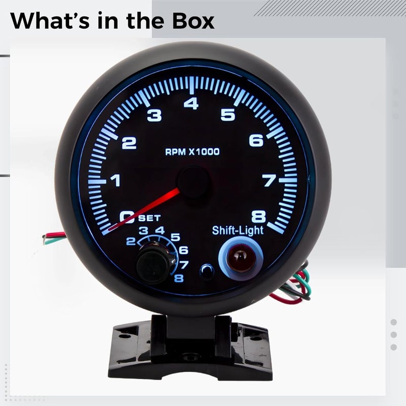 Blue Led 12V Tachometer With Shift Light, Universal Rpm Gauge, 3.7 X 3.7 In, Adjustable Settings, Black - Image 2