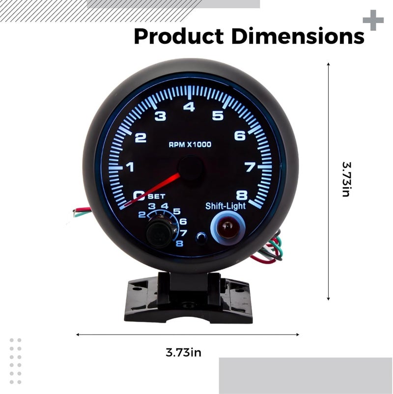 Blue Led 12V Tachometer With Shift Light, Universal Rpm Gauge, 3.7 X 3.7 In, Adjustable Settings, Black - Image 5