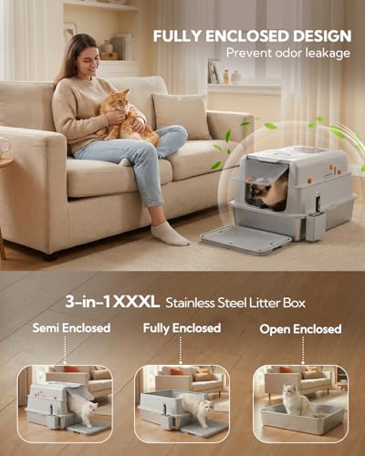Soulbond XXXL Stainless Steel Litter Box with Lid, 27.5" L x 19.7" W x 16.5" H Large Covered Metal Jumbo Cat Litter Box Enclosed for Large and Multi-Cat Families, Easy to Clean - Image 3