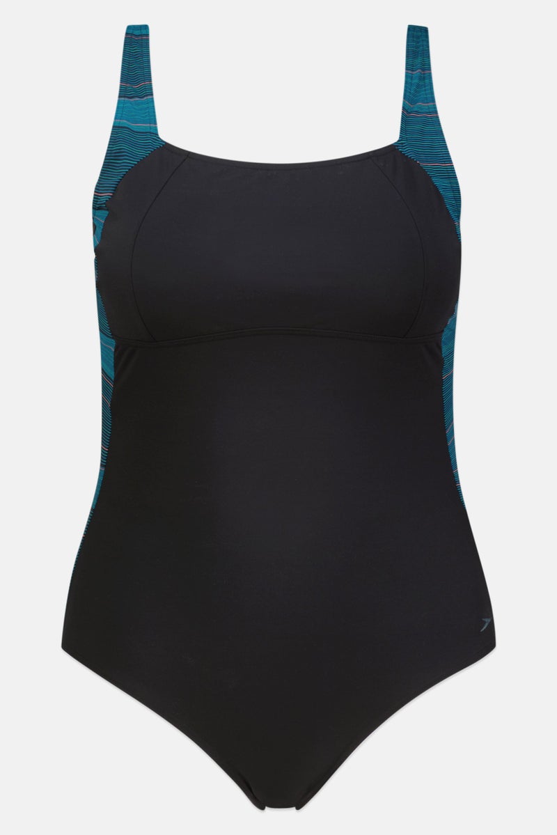 speedo Women One Piece Embroidered Swimsuit, Black/Teal  - Image 1