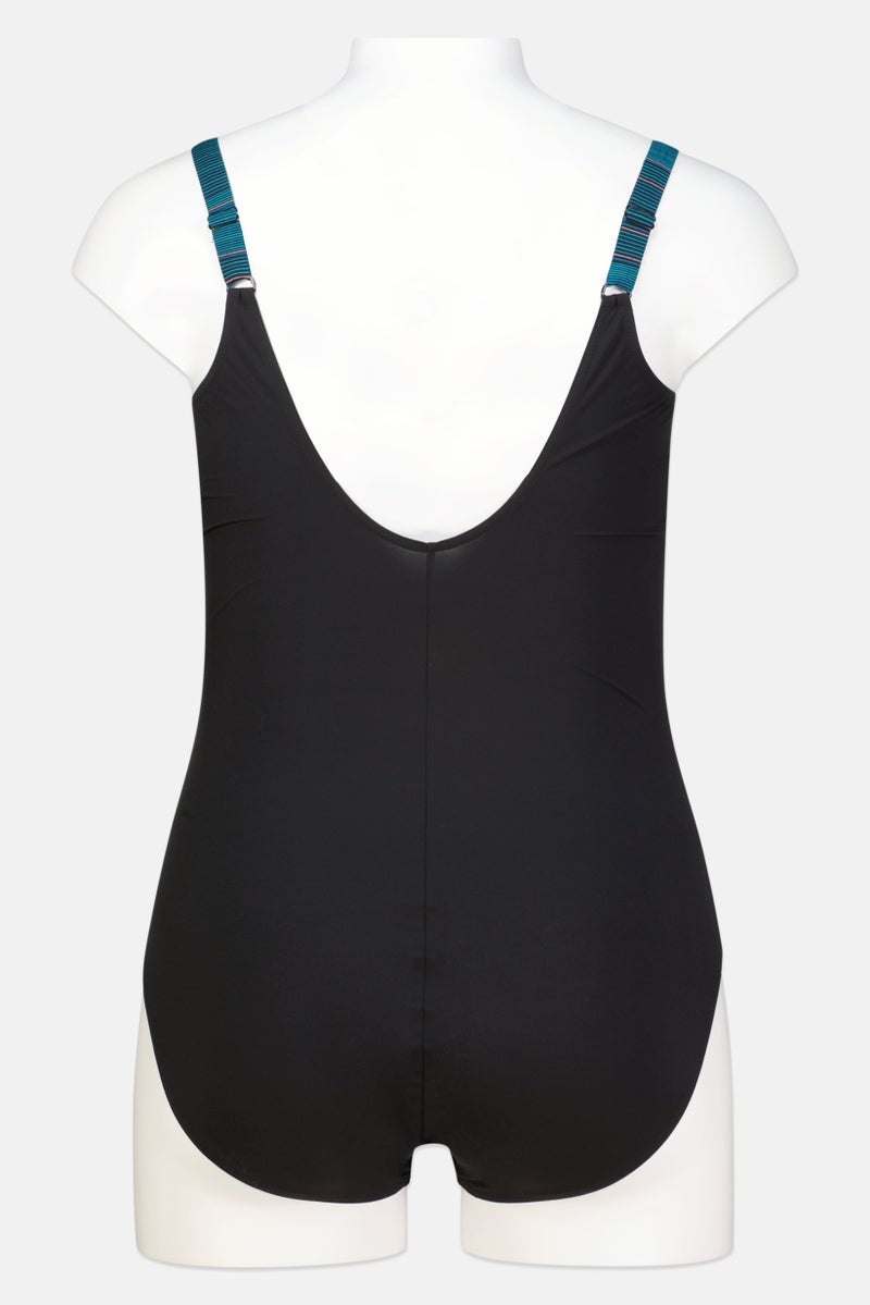 speedo Women One Piece Embroidered Swimsuit, Black/Teal  - Image 2